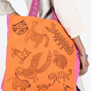 orange kantha work hand block printed bag